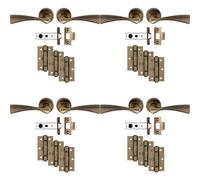 Loops 4 PACK - Premium Door Handle & Latch Pack Set- Antique Brass Curved Flair Lever Round Rose