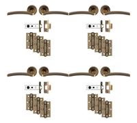 Loops 4 PACK - Premium Door Handle & Latch Pack Set- Antique Brass Slim Curved Lever Round Rose