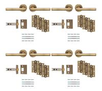 Loops 4 PACK Premium Door Handle & Latch Pack Set- Antique Brass Straight Bar Lever Round Rose