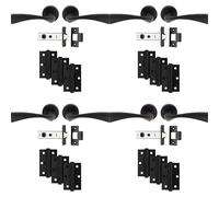 Loops 4 PACK - Premium Door Handle & Latch Pack Set- Matt Black Curved Flair Lever Round Rose