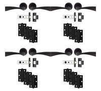 Loops 4 Pack - Premium Door Handle & Latch Pack Set- Matt Black Curved Flair Lever Round Rose