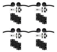 Loops 4 PACK - Premium Door Handle & Latch Pack Set- Matt Black Curved Square Lever Round Rose