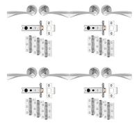 Loops 4 Pack - Premium Door Handle & Latch Pack Set- Polished Chrome Curved Flair Lever Round Rose