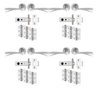 Loops 4 PACK - Premium Door Handle & Latch Pack Set- Polished Chrome Curved Flair Lever Round Rose
