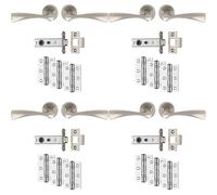 Loops 4 PACK - Premium Door Handle & Latch Pack Set- Satin Nickel Curved Flair Lever Round Rose