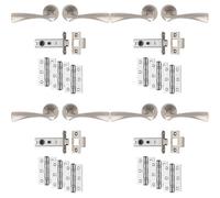 Loops 4 Pack - Premium Door Handle & Latch Pack Set- Satin Nickel Curved Flair Lever Round Rose