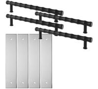 Loops 4 Pack - Pull Handle & Contrasting Backplate Set - Modern Bamboo T Bar - Matt Black & Chrome