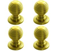 Loops 4 Pack - Reeded Ball Door Knob - 35mm Polished Brass Lined Cupboard Pull Handle & Rose