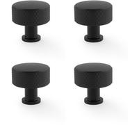 Loops 4 Pack - Round Knurled Door Knob - 35mm Diameter Matt Black Radio Cupboard Pull Handle