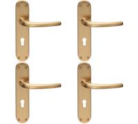 Loops 4 Pack - Rounded Sleek Latch & Lock Door Handle - Satin Brass Lever On Backplate
