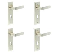 Loops 4 Pack Satin Nickel Door Handle With Euro Backplate - Elegant Solid Brass Design - Solid Brass Interior Handle