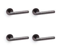Loops 4 Pack - Solid Brass Hammered Door Handle Set - Dark Bronze Straight Lever On Round Rose