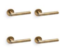 Loops 4 Pack - Solid Brass Hammered Door Handle Set - Italian Brass Straight Lever Round Rose
