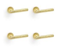 Loops 4 Pack - Solid Brass Hammered Door Handle Set - Satin Brass Straight Lever Round Rose