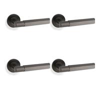 Loops 4 Pack - Solid Brass Hex Door Handle Set - Dark Bronze Industrial Lever Round Rose