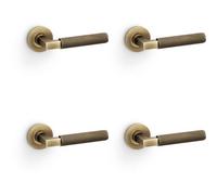 Loops 4 Pack - Solid Brass Knurled Door Handle Set - Antique Brass Angled Lever On Round Rose