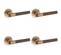Loops 4 Pack - Solid Brass Knurled Door Handle Set - Antique Brass Bar Lever On Round Rose