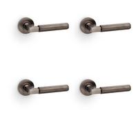 Loops 4 Pack - Solid Brass Knurled Door Handle Set - Dark Bronze Angled Lever On Round Rose