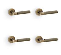 Loops 4 Pack - Solid Brass Reeded Door Handle Set - Antique Brass Angled Lever On Round Rose