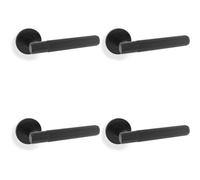 Loops 4 Pack - Solid Brass Reeded Door Handle Set - Matt Black Straight Lever On Round Rose
