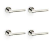 Loops 4 Pack - Solid Brass Reeded Door Handle Set - Polished Nickel Straight Lever Round Rose
