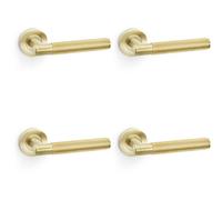 Loops 4 Pack - Solid Brass Reeded Door Handle Set - Satin Brass Straight Lever On Round Rose