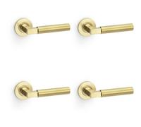 Loops 4 Pack - Solid Brass Smooth Door Handle Set - Satin Brass Angled Lever On Round Rose