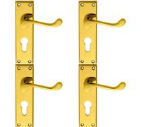 Loops 4 Pack - Victorian Scroll Latch & Euro Lock Door Handle Polished Brass Lever On Backplate