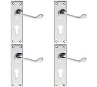 Loops 4 Pack - Victorian Scroll Latch & Euro Lock Door Handle Polished Chrome Lever Backplate
