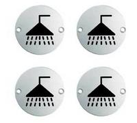 Loops 4x Bathroom Door Shower Symbol Sign 64mm Fixing Centres 76mm Dia Satin Steel in Metallics Loops Metallics