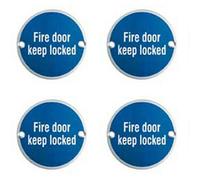 Loops 4x Fire Door Keep Locked Sign 64mm Fixing Centres 76mm Dia Polished Steel in Metallics Loops Metallics