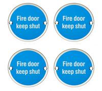Loops 4x Fire Door Keep Shut Sign 64mm Fixing Centres 76mm Dia Polished Steel in Metallics Loops Metallics
