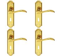 4x PAIR Curved Door Handle Lever on Lock Backplate 180 x 45mm Polished Brass