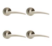 4x PAIR Slim Arched Flat Lever on Round Rose Concealed Fix Satin Stainless Steel