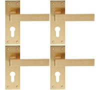 4x PAIR Straight Square Handle on Euro Lock Backplate 150 x 50mm Satin Brass