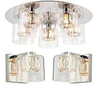 Loops 5 Bulb Ceiling Lamp & 2x Matching Wall Mount Light Round Chrome & Crystal Glass in Clear Loops Clear