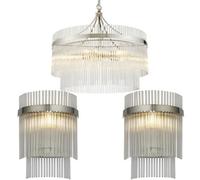 Loops 5 Light Ceiling Pendant & 2X Matching Wall Lamps - Polsihed Nickel Decorative Glass Rod Shades
