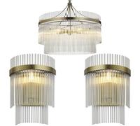 Loops 5 Light Ceiling Pendant & 2X Matching Wall Light - Clear Glass Rods Antique Brass Ring