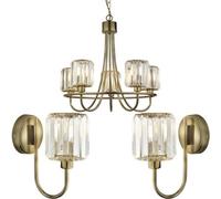 Loops 5 Light Ceiling Pendant & 2X Matching Wall Lights - Antique Brass Faceted Glass Lamp