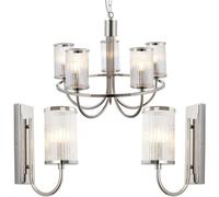 Loops 5 Light Hanging Ceiling Pendant & 2X Matching Wall Lights - Bright Nickel Frame Clear Ribbed Bubble Glass Shades