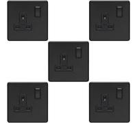 Loops 5 Pack 1 Gang Dp 13A Switched Uk Plug Socket Screwless Matt Black Wall Power