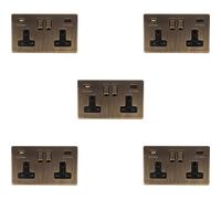 Loops 5 Pack 2 Gang Double 13A Uk Plug Socket & 2X 3.1A Usb-C Screwless Antique Brass