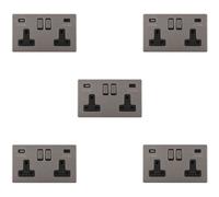 Loops 5 Pack 2 Gang Double 13A Uk Plug Socket & 2X 3.1A Usb-C Screwless Black Nickel