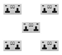 Loops 5 Pack 2 Gang Double 13A Uk Plug Socket & 2X 3.1A Usb-C Screwless Satin Steel