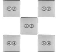 Loops 5 Pack 2 Gang Double Retro Toggle Light Switch Screwless Satin Steel 10A 2 Way