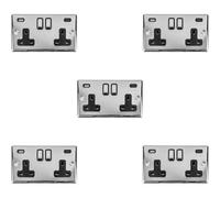 Loops 5 Pack 2 Gang Double Uk Plug Socket & Dual 3.1A Usb-C & A Chrome 13A Switched