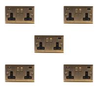 Loops 5 Pack 2 Gang Double Uk Plug Socket & Dual 3.1A Usb-C Antique Brass 13A Switched
