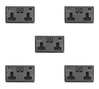 Loops 5 Pack 2 Gang Double Uk Plug Socket & Dual 3.1A Usb-C Black Nickel 13A Switched