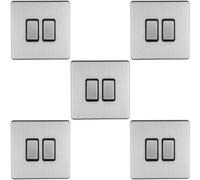 Loops 5 Pack 2 Gang Single Light Switch Screwless Satin Steel 2 Way 10A Slim Rocker
