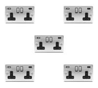 Loops 5 Pack 2 Gang Uk Plug Socket & 2X 3.1A Usb-C & A Satin Steel & Black 13A Switch